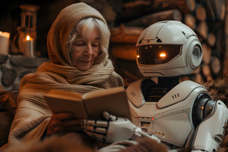 Illustration of a friendly robot assisting an elderly person in a cozy home environment with warm natural light. Great for lifestyle and robotics applications.の写真素材