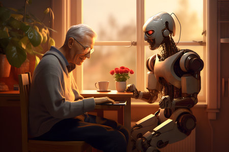 Illustration of a friendly robot assisting an elderly person in a cozy home environment with warm natural light. Great for lifestyle and robotics applications.の写真素材