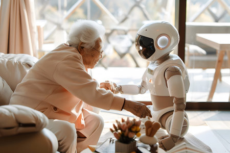 Illustration of a friendly robot assisting an elderly person in a cozy home environment with warm natural light. Great for lifestyle and robotics applications.の写真素材