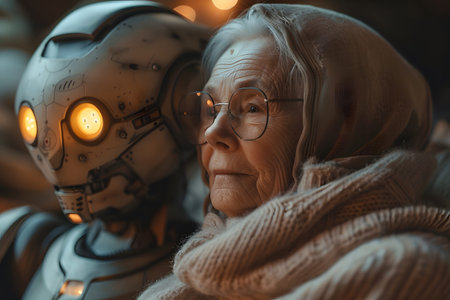 Illustration of a friendly robot assisting an elderly person in a cozy home environment with warm natural light. Great for lifestyle and robotics applications.の写真素材