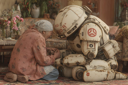 Illustration of a friendly robot assisting an elderly person in a cozy home environment with warm natural light. Great for lifestyle and robotics applications.の写真素材