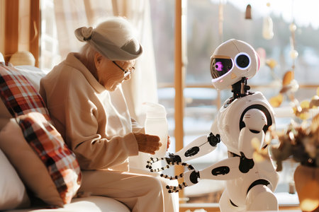 Illustration of a friendly robot assisting an elderly person in a cozy home environment with warm natural light. Great for lifestyle and robotics applications.の写真素材