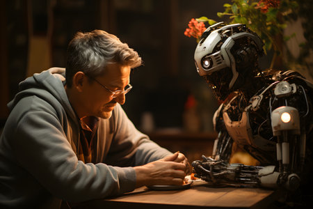 Illustration of a friendly robot assisting an elderly person in a cozy home environment with warm natural light. Great for lifestyle and robotics applications.の写真素材