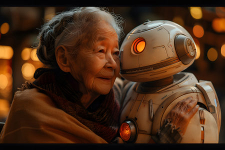 Illustration of a friendly robot assisting an elderly person in a cozy home environment with warm natural light. Great for lifestyle and robotics applications.の写真素材