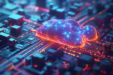 Isometric vector illustration of a cloud computing system with modern design and soft lighting. Ideal for tech, software, and IT presentations.の写真素材