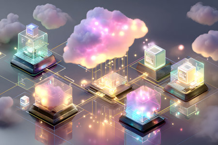 Isometric vector illustration of a cloud computing system with modern design and soft lighting....