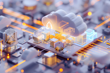 Isometric vector illustration of a cloud computing system with modern design and soft lighting....