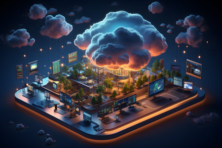 Isometric vector illustration of a cloud computing system with modern design and soft lighting....