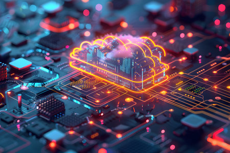Isometric vector illustration of a cloud computing system with modern design and soft lighting....