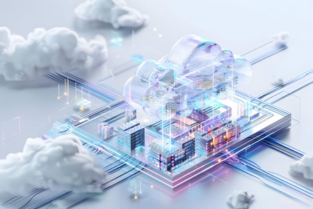 Isometric vector illustration of a cloud computing system with modern design and soft lighting....
