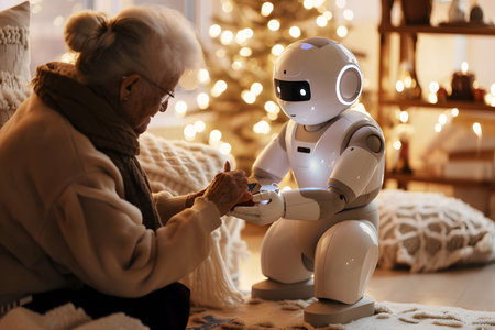 Illustration of a friendly robot assisting an elderly person in a cozy home environment with warm natural light. Great for lifestyle and robotics applications.の写真素材