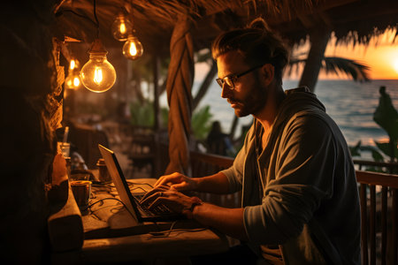 A young digital nomad working on a laptop at a beachside cafe during sunset. Represents remote work, freedom, and modern lifestyle.の写真素材
