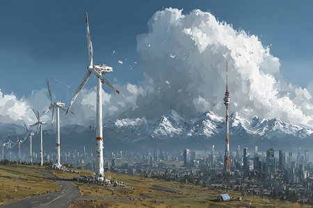 Bright futuristic landscape featuring wind turbines and solar panels. Ideal for green energy,...