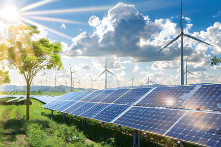 Bright futuristic landscape featuring wind turbines and solar panels. Ideal for green energy,...