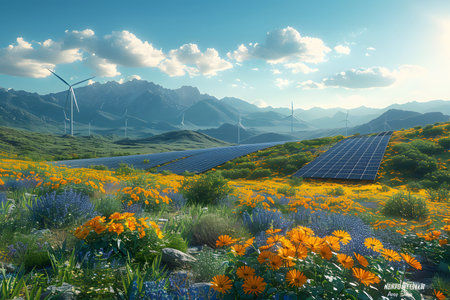 Bright futuristic landscape featuring wind turbines and solar panels. Ideal for green energy, sustainability, and eco-friendly concepts.の写真素材