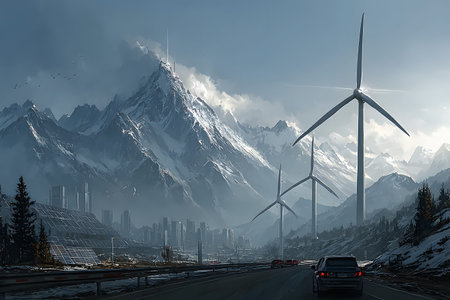 Bright futuristic landscape featuring wind turbines and solar panels. Ideal for green energy,...
