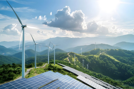 Bright futuristic landscape featuring wind turbines and solar panels. Ideal for green energy, sustainability, and eco-friendly concepts.の写真素材