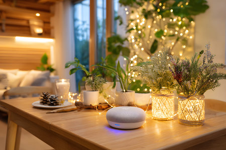 Modern smart home scene featuring a voice assistant device on a wooden table with warm ambient lighting. Great for IoT and tech branding.の写真素材