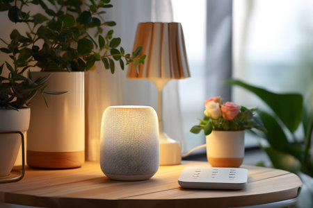 Modern smart home scene featuring a voice assistant device on a wooden table with warm ambient...