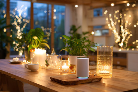 Modern smart home scene featuring a voice assistant device on a wooden table with warm ambient lighting. Great for IoT and tech branding.の写真素材