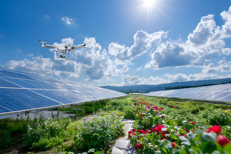 Modern sustainable farm featuring solar panels and drones under bright sunlight. Ideal for agriculture, environment, and green technology themes.の写真素材