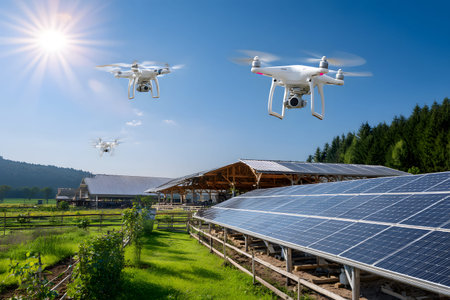 Modern sustainable farm featuring solar panels and drones under bright sunlight. Ideal for agriculture, environment, and green technology themes.の写真素材