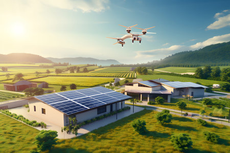 Modern sustainable farm featuring solar panels and drones under bright sunlight. Ideal for...