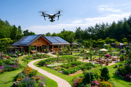 Modern sustainable farm featuring solar panels and drones under bright sunlight. Ideal for agriculture, environment, and green technology themes.の写真素材