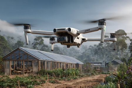 Modern sustainable farm featuring solar panels and drones under bright sunlight. Ideal for...