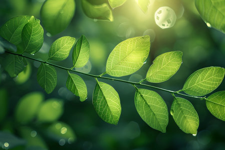 Nature inspired background with blurred green leaves and sunlight bokeh. Perfect for eco, wellness, and organic themes.の写真素材