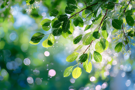 Nature inspired background with blurred green leaves and sunlight bokeh. Perfect for eco, wellness, and organic themes.の写真素材