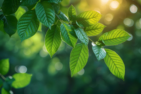 Nature inspired background with blurred green leaves and sunlight bokeh. Perfect for eco, wellness, and organic themes.の写真素材