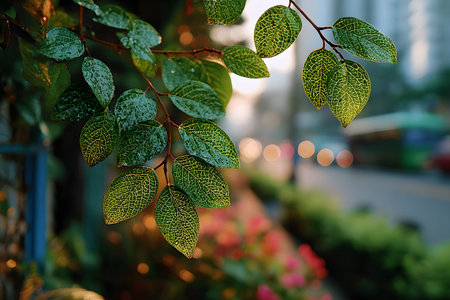 Nature inspired background with blurred green leaves and sunlight bokeh. Perfect for eco, wellness,...