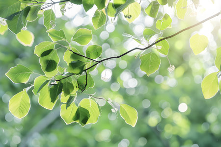 Nature inspired background with blurred green leaves and sunlight bokeh. Perfect for eco, wellness, and organic themes.の写真素材