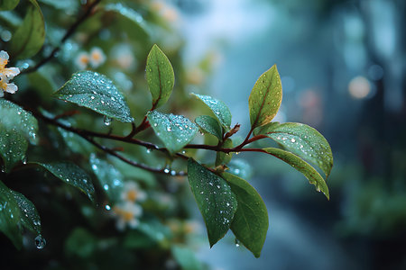 Nature inspired background with blurred green leaves and sunlight bokeh. Perfect for eco, wellness, and organic themes.の写真素材