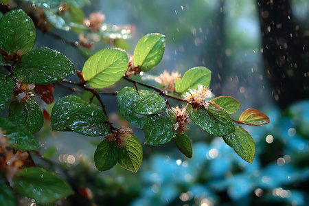 Nature inspired background with blurred green leaves and sunlight bokeh. Perfect for eco, wellness,...