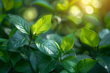 Nature inspired background with blurred green leaves and sunlight bokeh. Perfect for eco, wellness, and organic themes.の写真素材