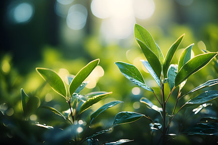 Nature inspired background with blurred green leaves and sunlight bokeh. Perfect for eco, wellness,...
