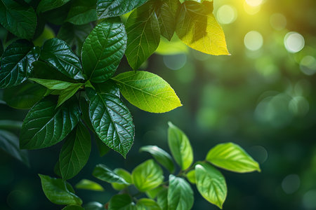 Nature inspired background with blurred green leaves and sunlight bokeh. Perfect for eco, wellness, and organic themes.の写真素材
