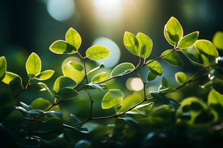 Nature inspired background with blurred green leaves and sunlight bokeh. Perfect for eco, wellness, and organic themes.の写真素材