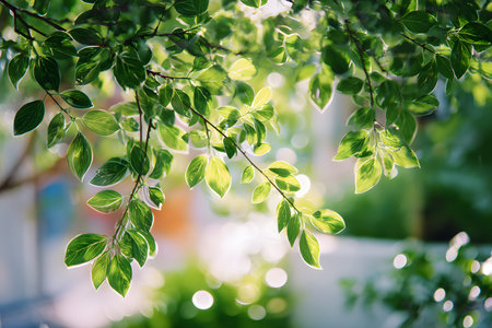 Nature inspired background with blurred green leaves and sunlight bokeh. Perfect for eco, wellness,...