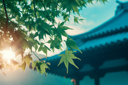 Nature inspired background with blurred green leaves and sunlight bokeh. Perfect for eco, wellness,...
