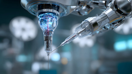 High-tech 3D render of a robotic surgery arm working in a sterile medical environment. Ideal for...