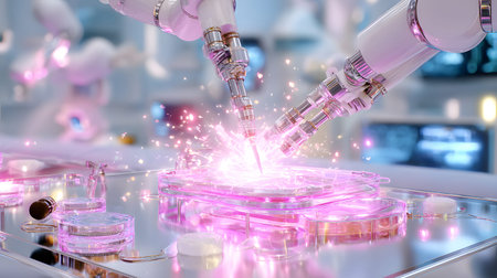 High-tech 3D render of a robotic surgery arm working in a sterile medical environment. Ideal for...