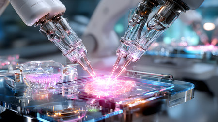 High-tech 3D render of a robotic surgery arm working in a sterile medical environment. Ideal for...
