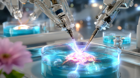 High-tech 3D render of a robotic surgery arm working in a sterile medical environment. Ideal for health tech and medical content.の写真素材