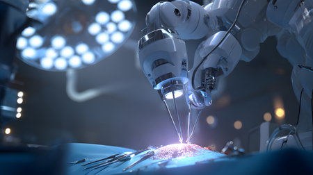 High-tech 3D render of a robotic surgery arm working in a sterile medical environment. Ideal for health tech and medical content.の写真素材