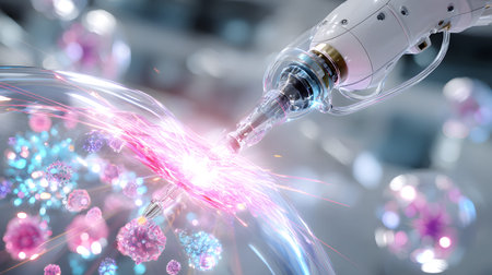 High-tech 3D render of a robotic surgery arm working in a sterile medical environment. Ideal for health tech and medical content.の写真素材