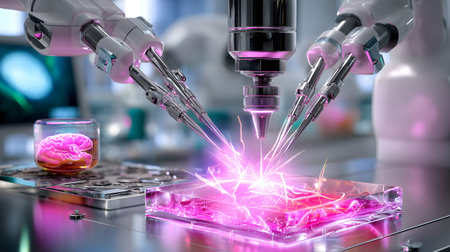 High-tech 3D render of a robotic surgery arm working in a sterile medical environment. Ideal for...
