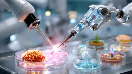 High-tech 3D render of a robotic surgery arm working in a sterile medical environment. Ideal for health tech and medical content.の写真素材